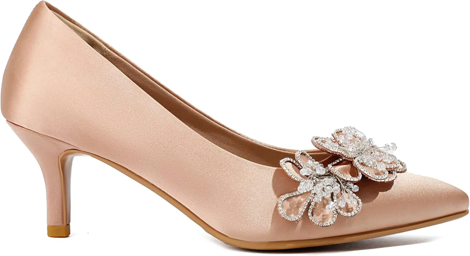 Women's Kitten Heels 2" Handmade Rhinestone Flower Satin Pumps Wedding Party Prom Dress Shoes