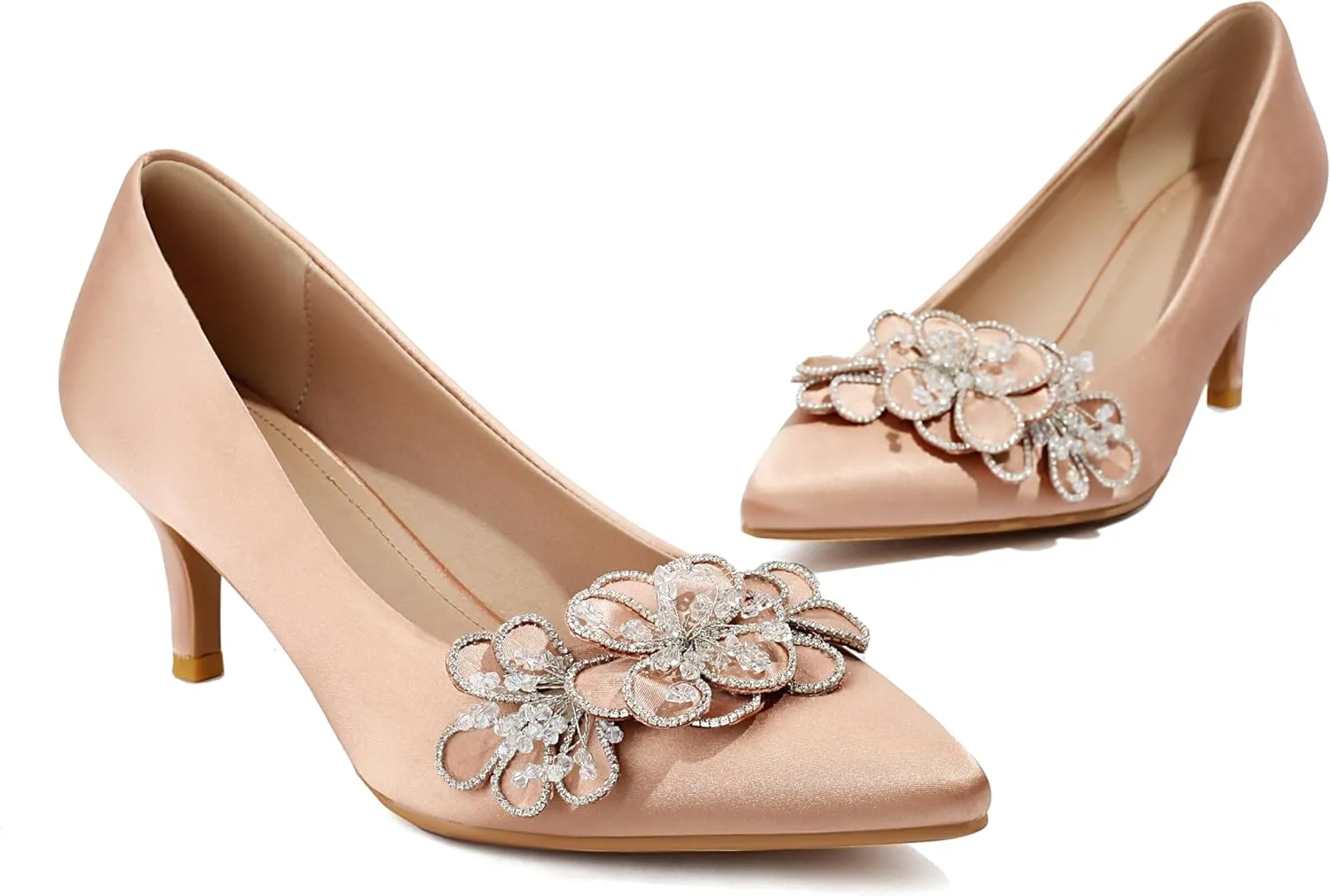 Women's Kitten Heels 2" Handmade Rhinestone Flower Satin Pumps Wedding Party Prom Dress Shoes