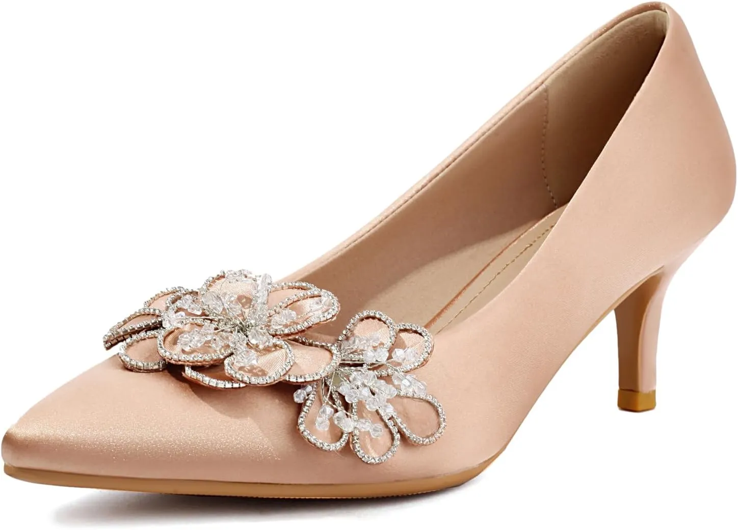 Women's Kitten Heels 2" Handmade Rhinestone Flower Satin Pumps Wedding Party Prom Dress Shoes