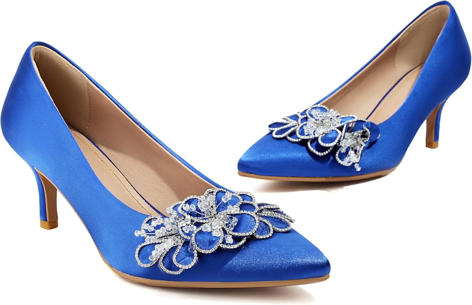 Women's Kitten Heels 2" Handmade Rhinestone Flower Satin Pumps Wedding Party Prom Dress Shoes
