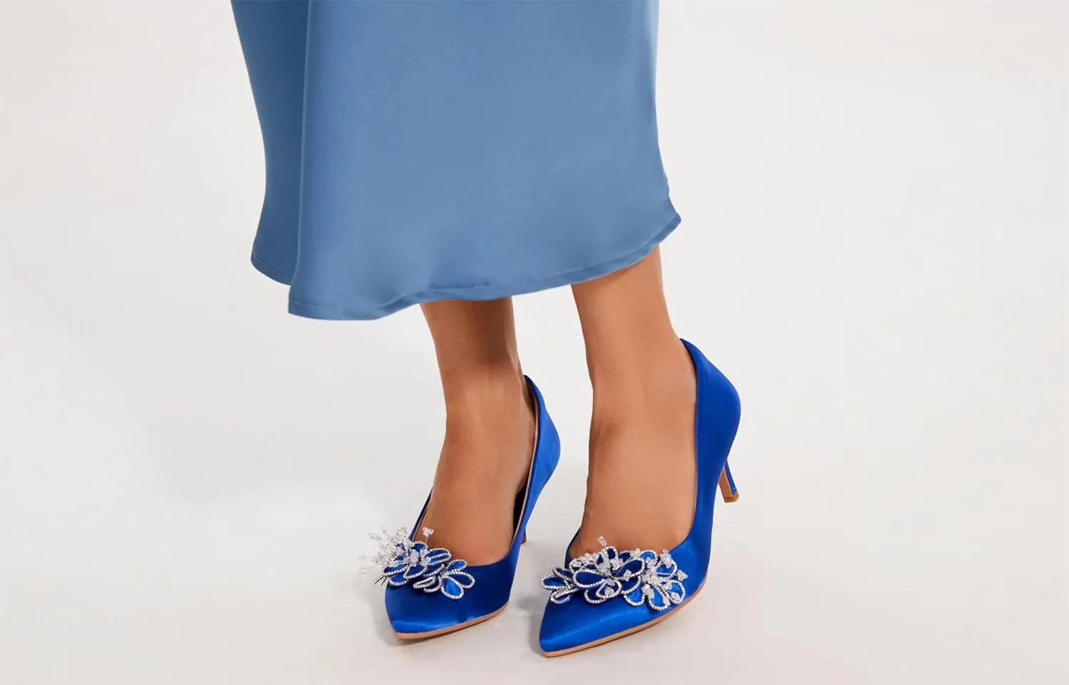 Women's Kitten Heels 2" Handmade Rhinestone Flower Satin Pumps Wedding Party Prom Dress Shoes