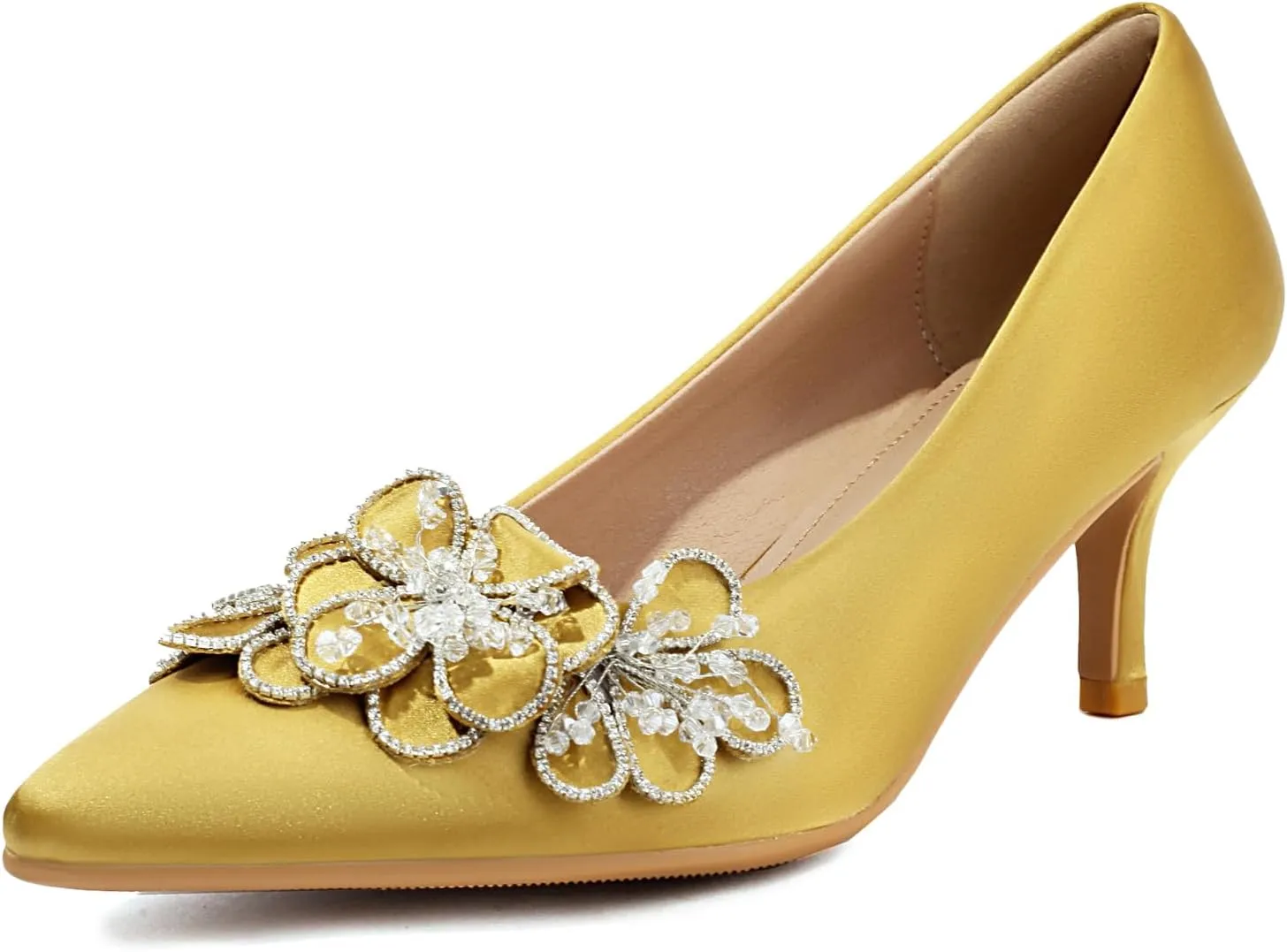 Women's Kitten Heels 2" Handmade Rhinestone Flower Satin Pumps Wedding Party Prom Dress Shoes