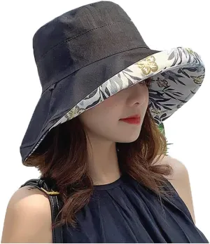 Women's Linen Cotton UPF 50  Sun Hat Reversible Bucket Hat with Wide Fold-Up Brim and Chin Strap