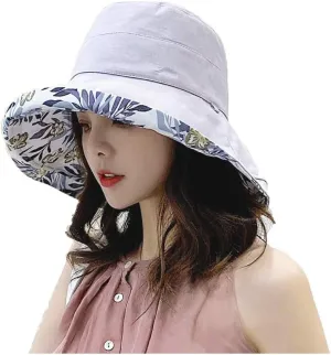 Women's Linen Cotton UPF 50  Sun Hat Reversible Bucket Hat with Wide Fold-Up Brim and Chin Strap