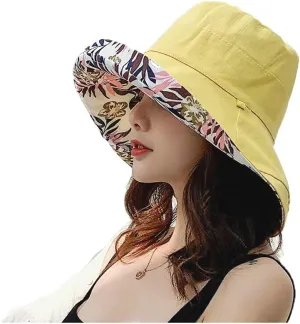 Women's Linen Cotton UPF 50  Sun Hat Reversible Bucket Hat with Wide Fold-Up Brim and Chin Strap