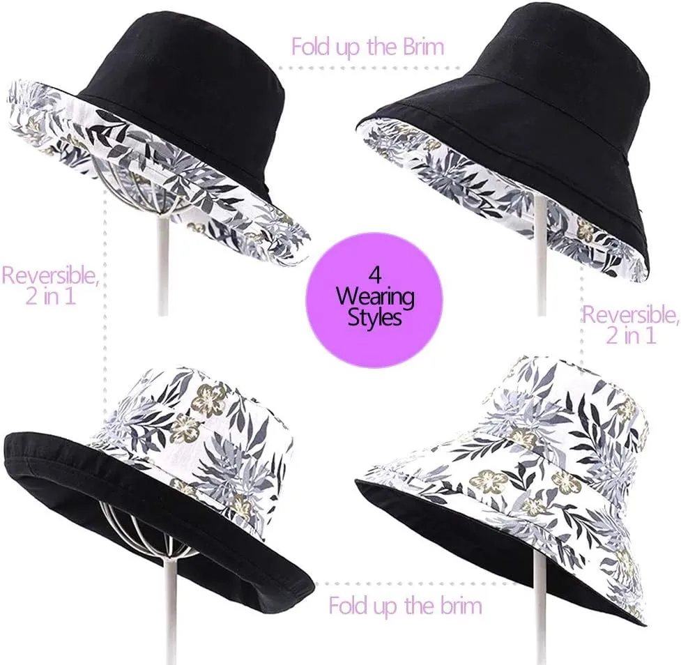 Women's Linen Cotton UPF 50  Sun Hat Reversible Bucket Hat with Wide Fold-Up Brim and Chin Strap