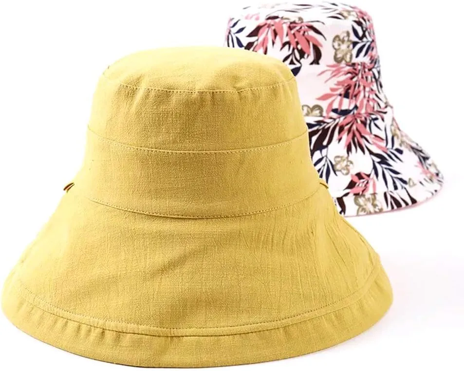 Women's Linen Cotton UPF 50  Sun Hat Reversible Bucket Hat with Wide Fold-Up Brim and Chin Strap