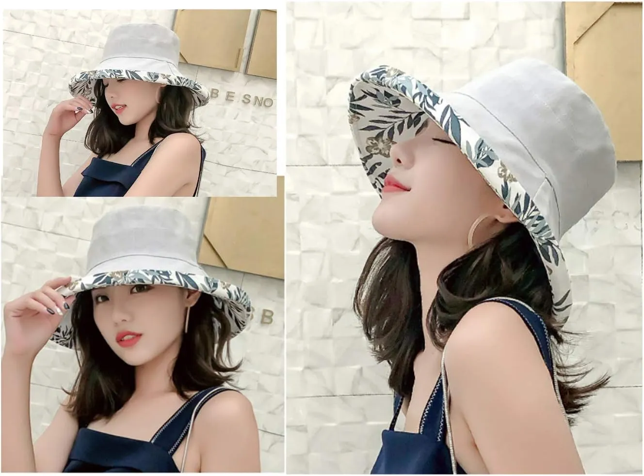Women's Linen Cotton UPF 50  Sun Hat Reversible Bucket Hat with Wide Fold-Up Brim and Chin Strap