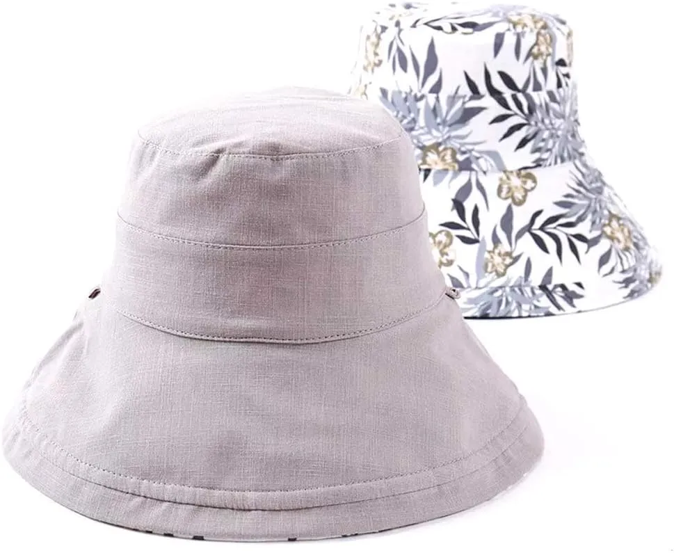 Women's Linen Cotton UPF 50  Sun Hat Reversible Bucket Hat with Wide Fold-Up Brim and Chin Strap