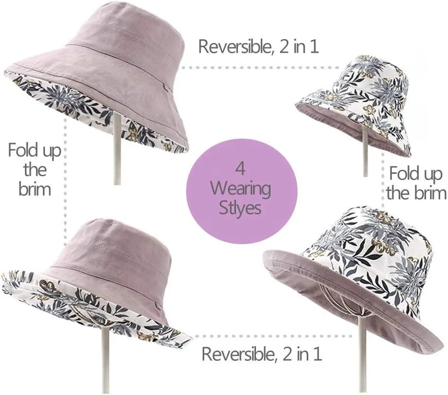 Women's Linen Cotton UPF 50  Sun Hat Reversible Bucket Hat with Wide Fold-Up Brim and Chin Strap