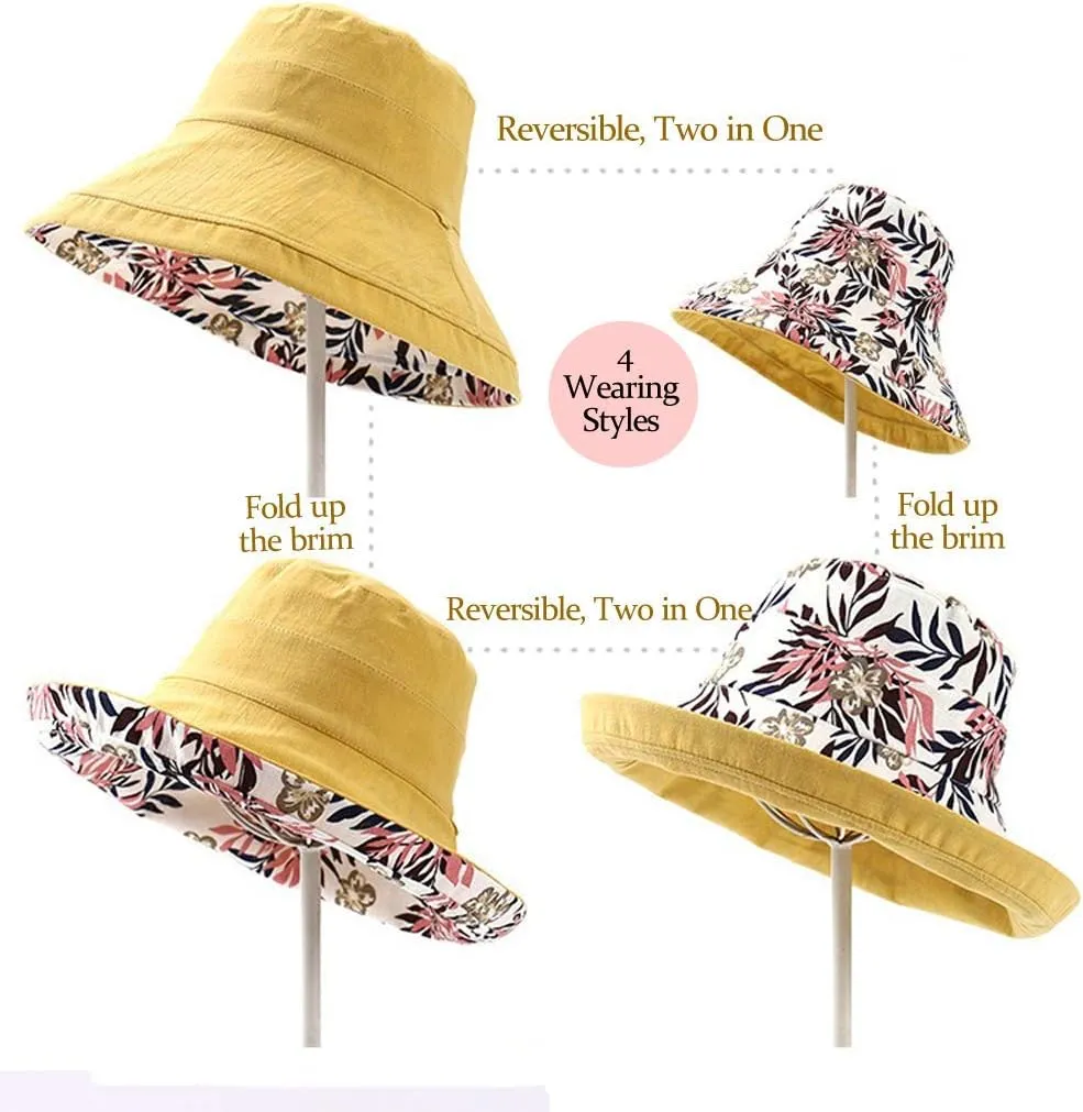 Women's Linen Cotton UPF 50  Sun Hat Reversible Bucket Hat with Wide Fold-Up Brim and Chin Strap