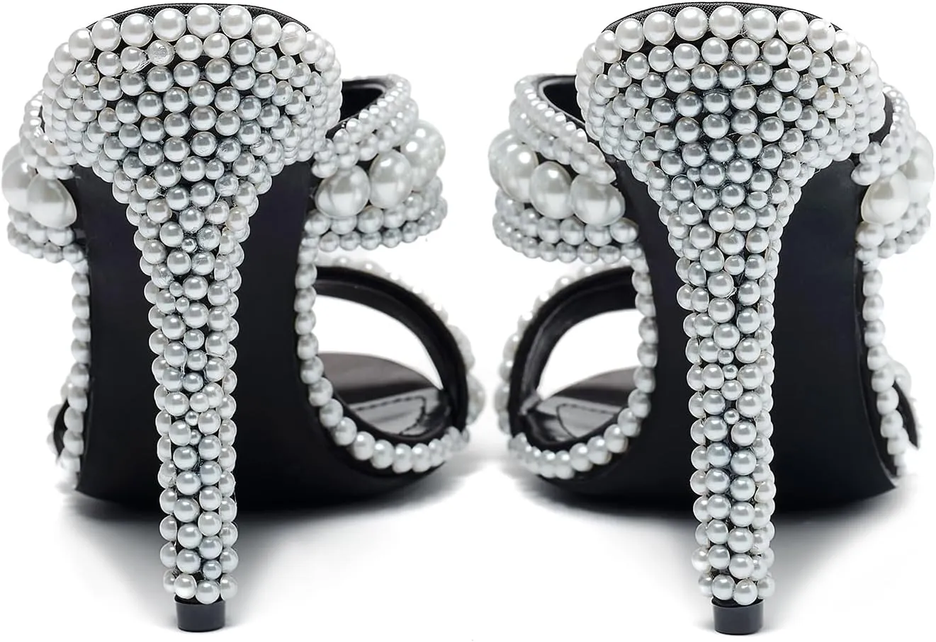 Women's Pearl Open-Toe Sparkly 4.3IN Stiletto Heels Sandals Nightclub Party Wedding Shoes