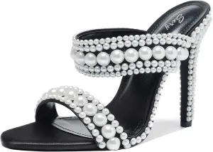 Women's Pearl Open-Toe Sparkly 4.3IN Stiletto Heels Sandals Nightclub Party Wedding Shoes