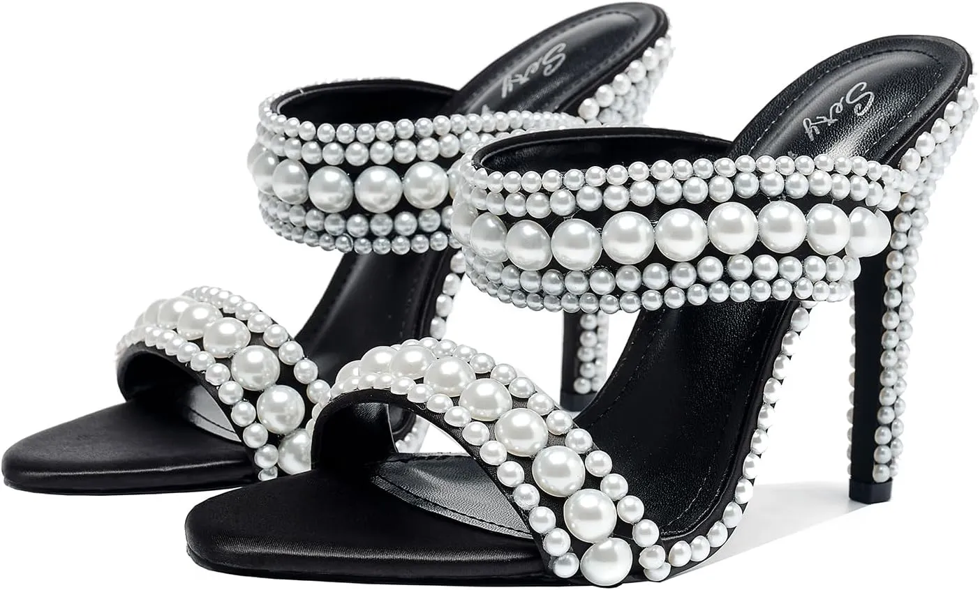 Women's Pearl Open-Toe Sparkly 4.3IN Stiletto Heels Sandals Nightclub Party Wedding Shoes