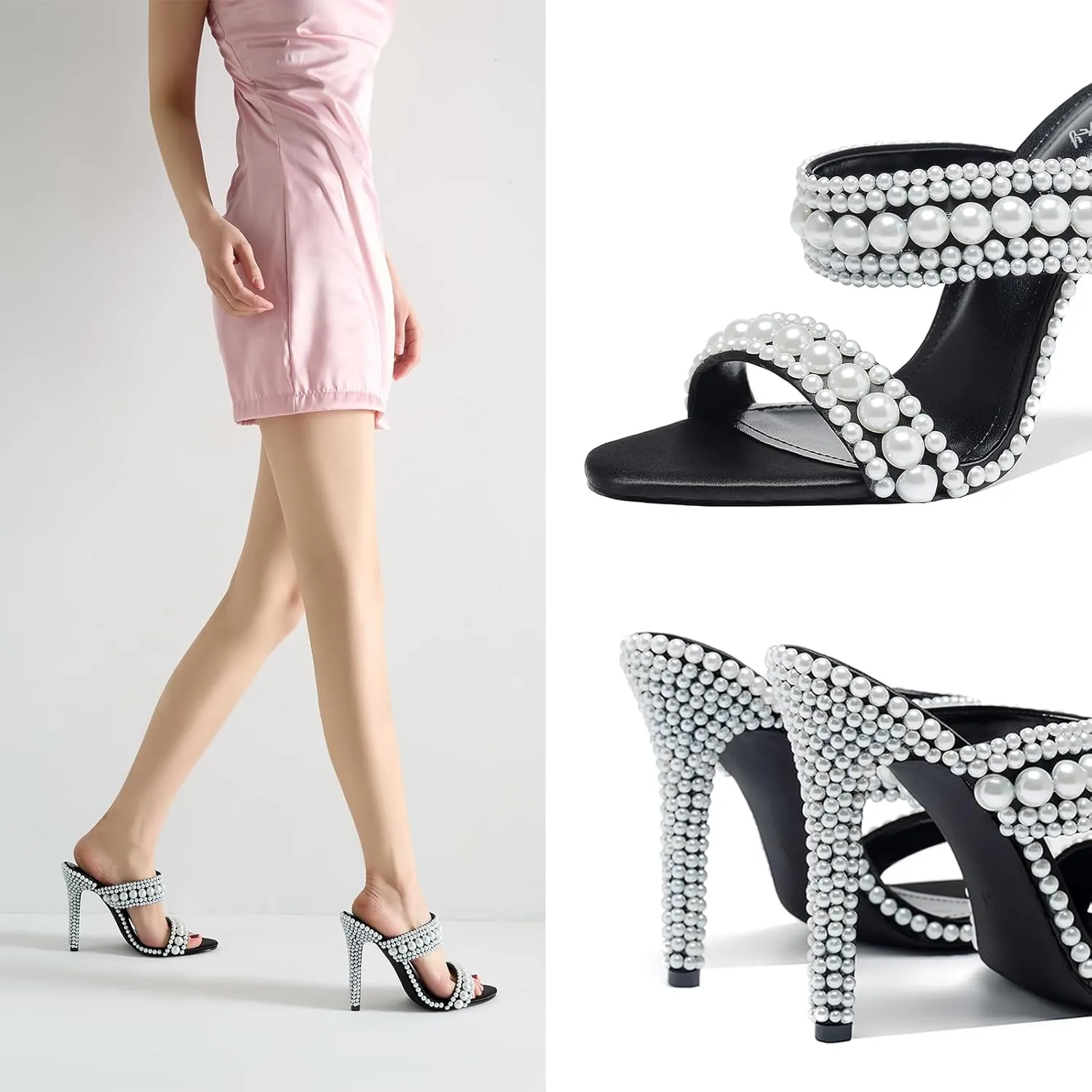Women's Pearl Open-Toe Sparkly 4.3IN Stiletto Heels Sandals Nightclub Party Wedding Shoes