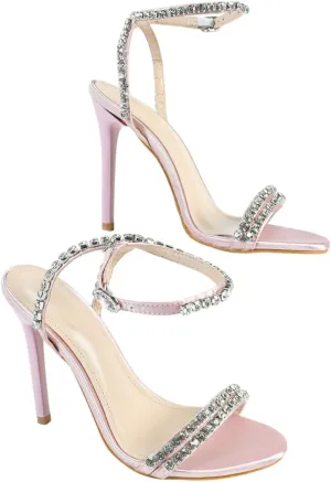 Women's Pink Satin Square-Toe High-Heel Sandals with Sparkling Rhinestone-Embellished Straps, Elegant Party Shoes, Trendy Evening Footwear, Chic Peep-Toe Sandals, Glamorous High Heels