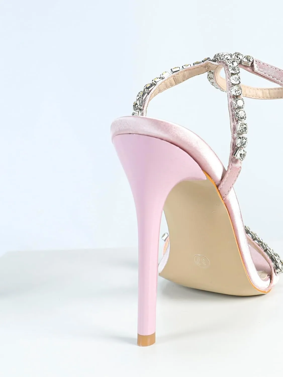 Women's Pink Satin Square-Toe High-Heel Sandals with Sparkling Rhinestone-Embellished Straps, Elegant Party Shoes, Trendy Evening Footwear, Chic Peep-Toe Sandals, Glamorous High Heels