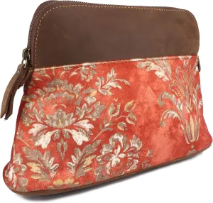 Women's Printed Brown Leather Zippered Makeup Cosmetic Bag 18BT14