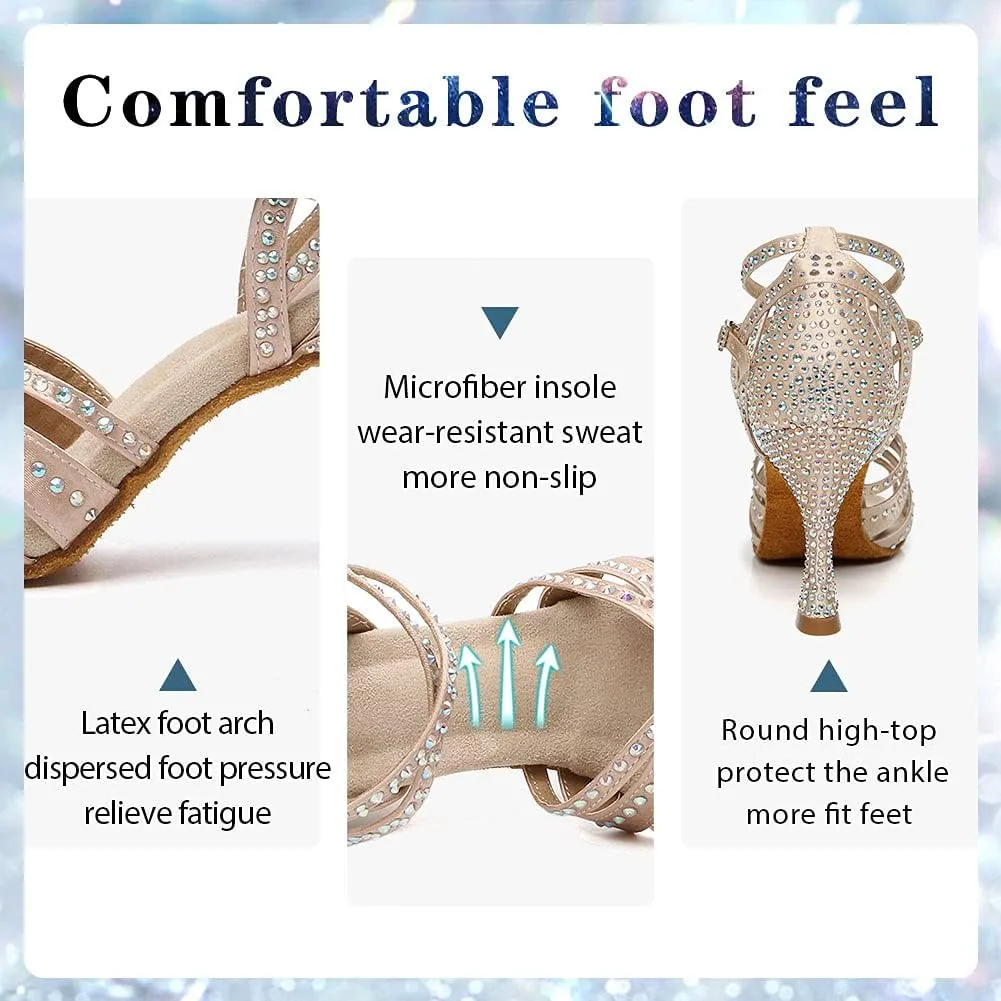 Women's Rhinestone Ballroom Dance Shoes Open Toe Latin Salsa Bachata Performance Dancing Shoes 3 Inch Heel