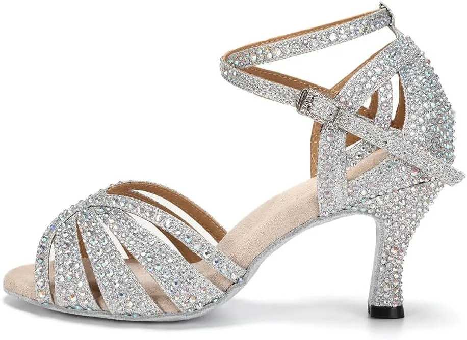 Women's Rhinestone Ballroom Dance Shoes Open Toe Latin Salsa Bachata Performance Dancing Shoes 3 Inch Heel