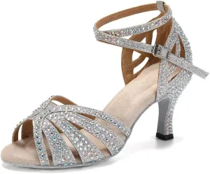 Women's Rhinestone Ballroom Dance Shoes Open Toe Latin Salsa Bachata Performance Dancing Shoes 3 Inch Heel
