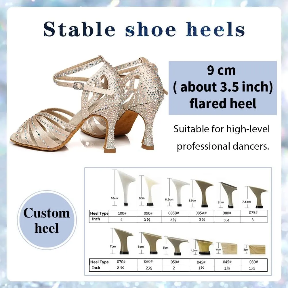 Women's Rhinestone Ballroom Dance Shoes Open Toe Latin Salsa Bachata Performance Dancing Shoes 3 Inch Heel