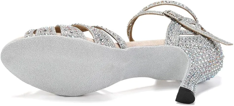 Women's Rhinestone Ballroom Dance Shoes Open Toe Latin Salsa Bachata Performance Dancing Shoes 3 Inch Heel