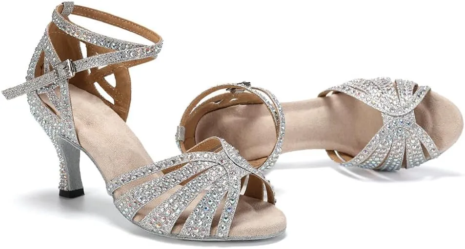 Women's Rhinestone Ballroom Dance Shoes Open Toe Latin Salsa Bachata Performance Dancing Shoes 3 Inch Heel