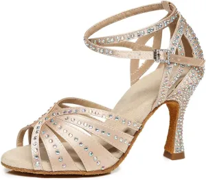 Women's Rhinestone Ballroom Dance Shoes Open Toe Latin Salsa Bachata Performance Dancing Shoes 3 Inch Heel