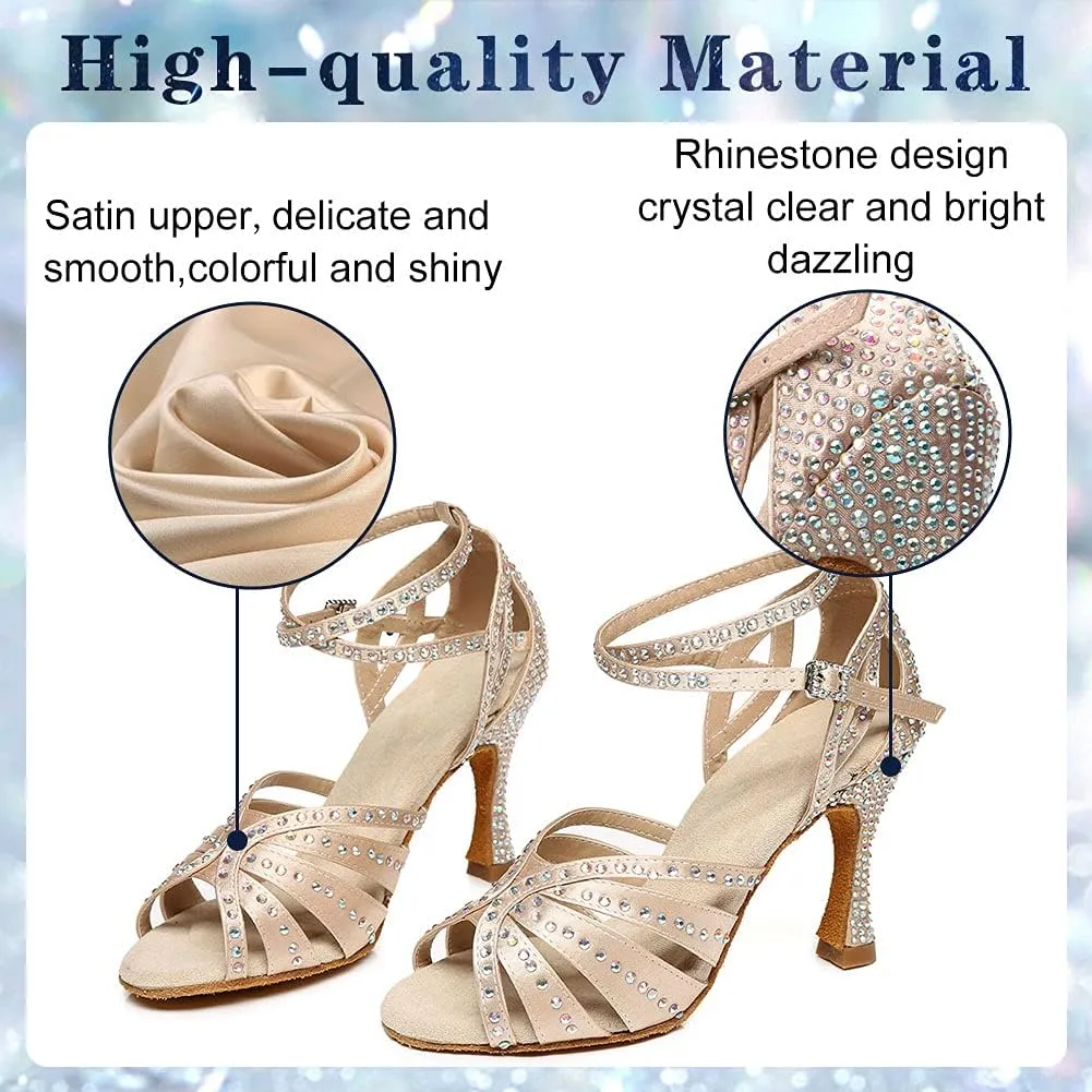 Women's Rhinestone Ballroom Dance Shoes Open Toe Latin Salsa Bachata Performance Dancing Shoes 3 Inch Heel
