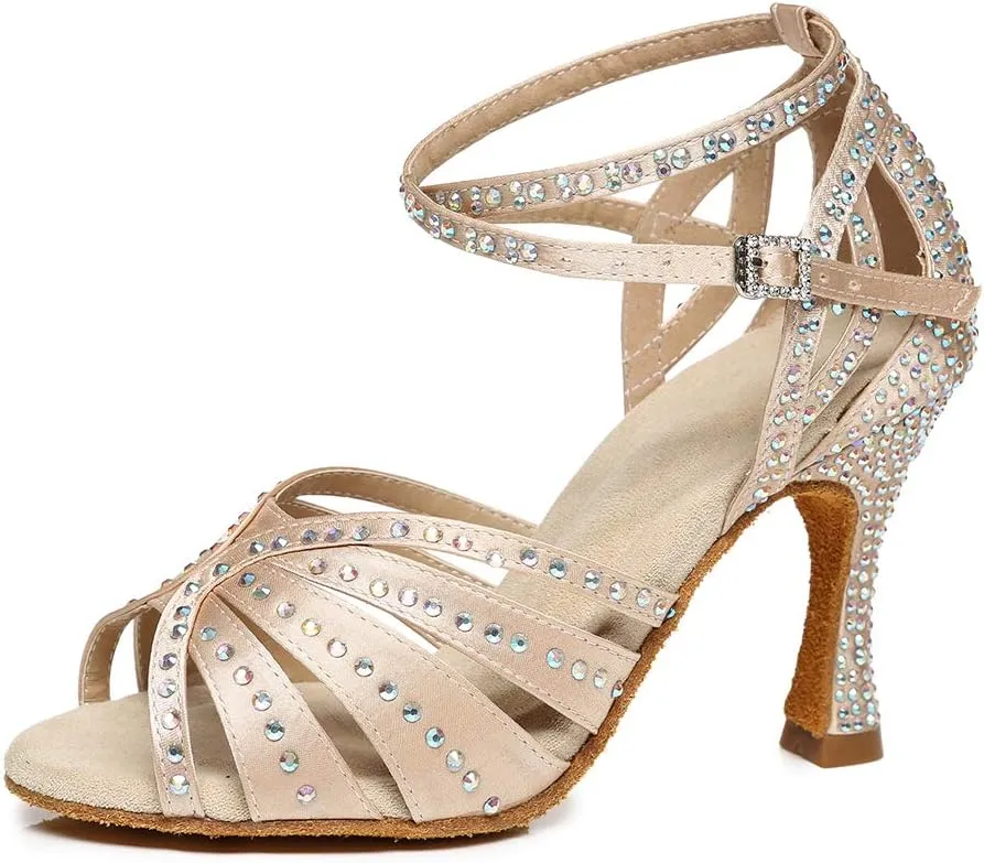 Women's Rhinestone Ballroom Dance Shoes Open Toe Latin Salsa Bachata Performance Dancing Shoes 3 Inch Heel
