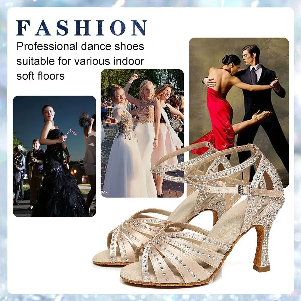 Women's Rhinestone Ballroom Dance Shoes Open Toe Latin Salsa Bachata Performance Dancing Shoes 3 Inch Heel