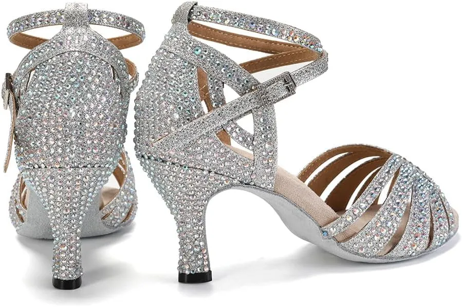 Women's Rhinestone Ballroom Dance Shoes Open Toe Latin Salsa Bachata Performance Dancing Shoes 3 Inch Heel