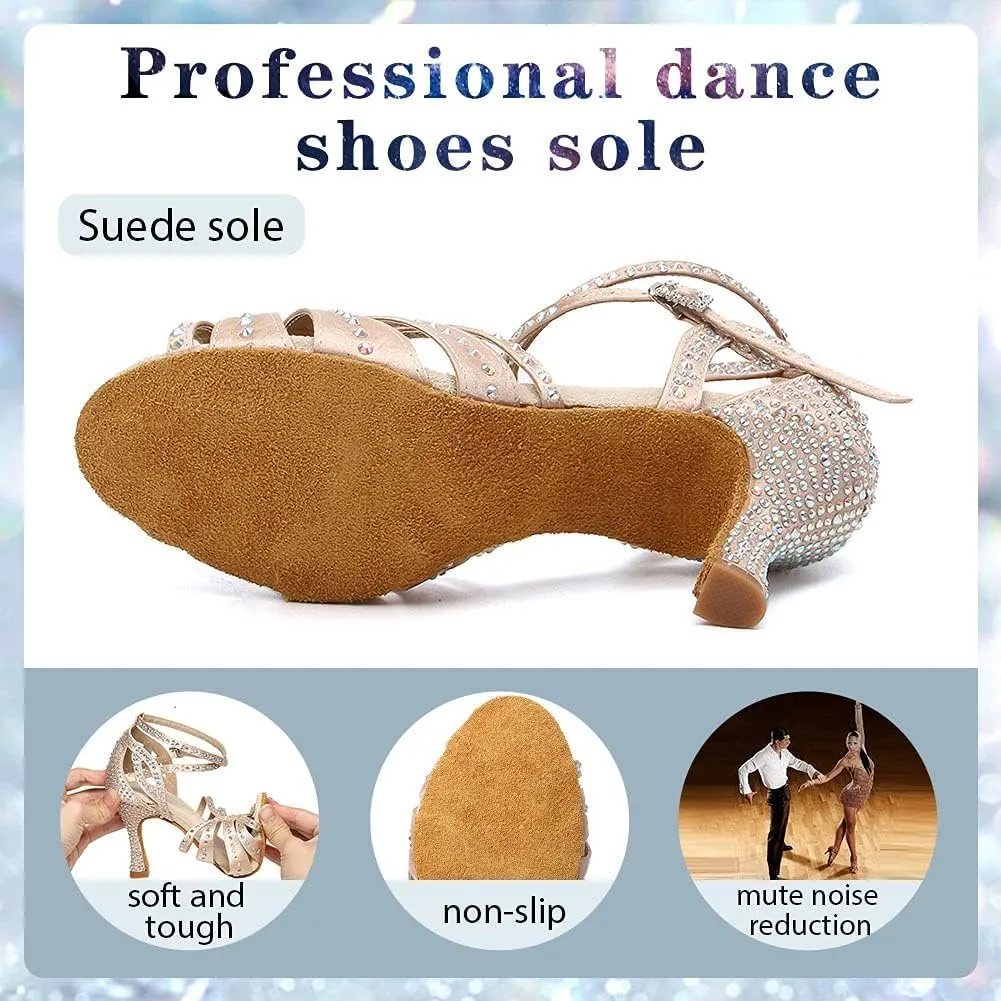 Women's Rhinestones Latin Dance Shoes Satin Ballroom Salsa Bachata Performance Dance Heels