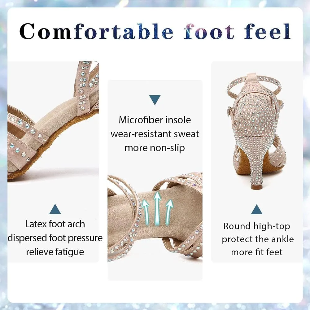 Women's Rhinestones Latin Dance Shoes Satin Ballroom Salsa Bachata Performance Dance Heels