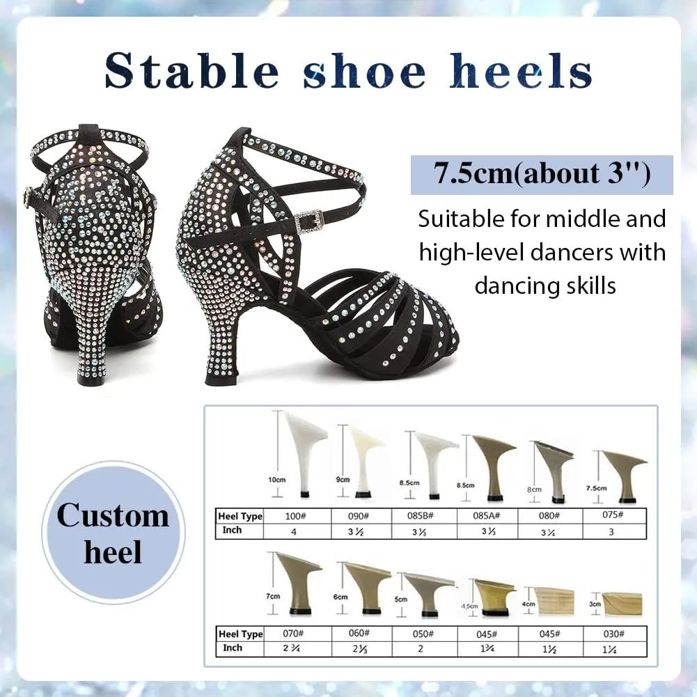 Women's Rhinestones Latin Dance Shoes Satin Ballroom Salsa Bachata Performance Dance Heels