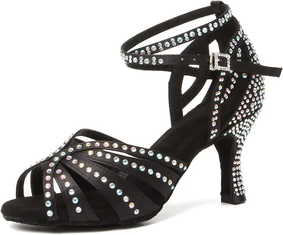 Women's Rhinestones Latin Dance Shoes Satin Ballroom Salsa Bachata Performance Dance Heels