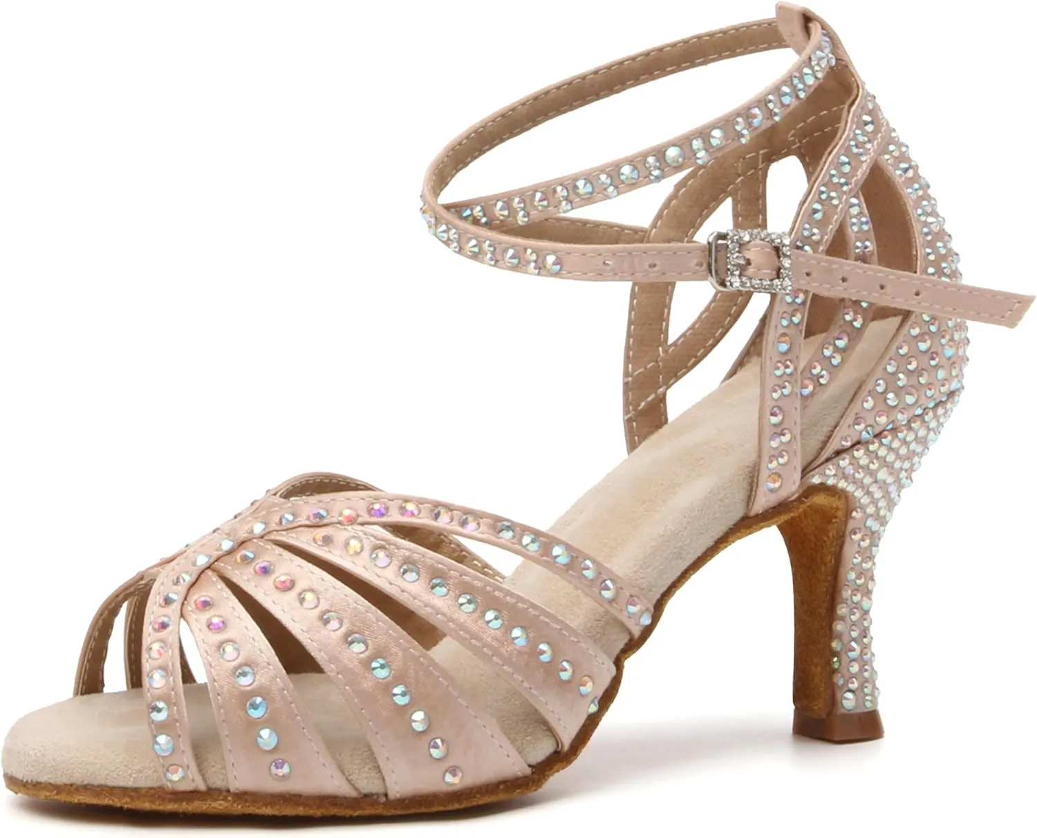 Women's Rhinestones Latin Dance Shoes Satin Ballroom Salsa Bachata Performance Dance Heels