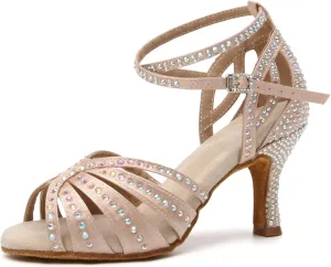 Women's Rhinestones Latin Dance Shoes Satin Ballroom Salsa Bachata Performance Dance Heels