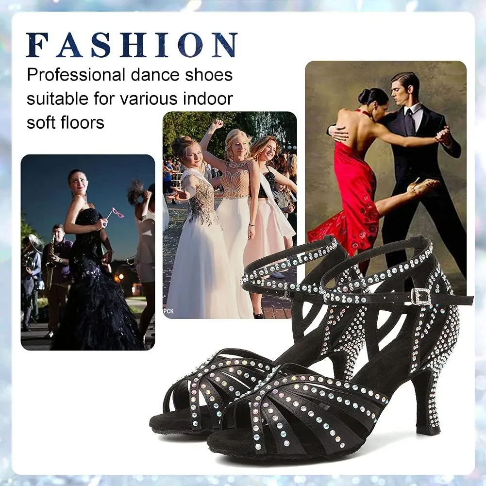 Women's Rhinestones Latin Dance Shoes Satin Ballroom Salsa Bachata Performance Dance Heels