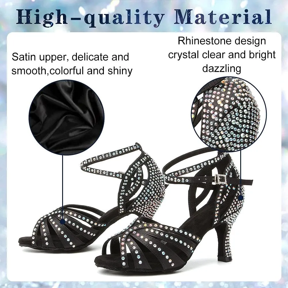 Women's Rhinestones Latin Dance Shoes Satin Ballroom Salsa Bachata Performance Dance Heels