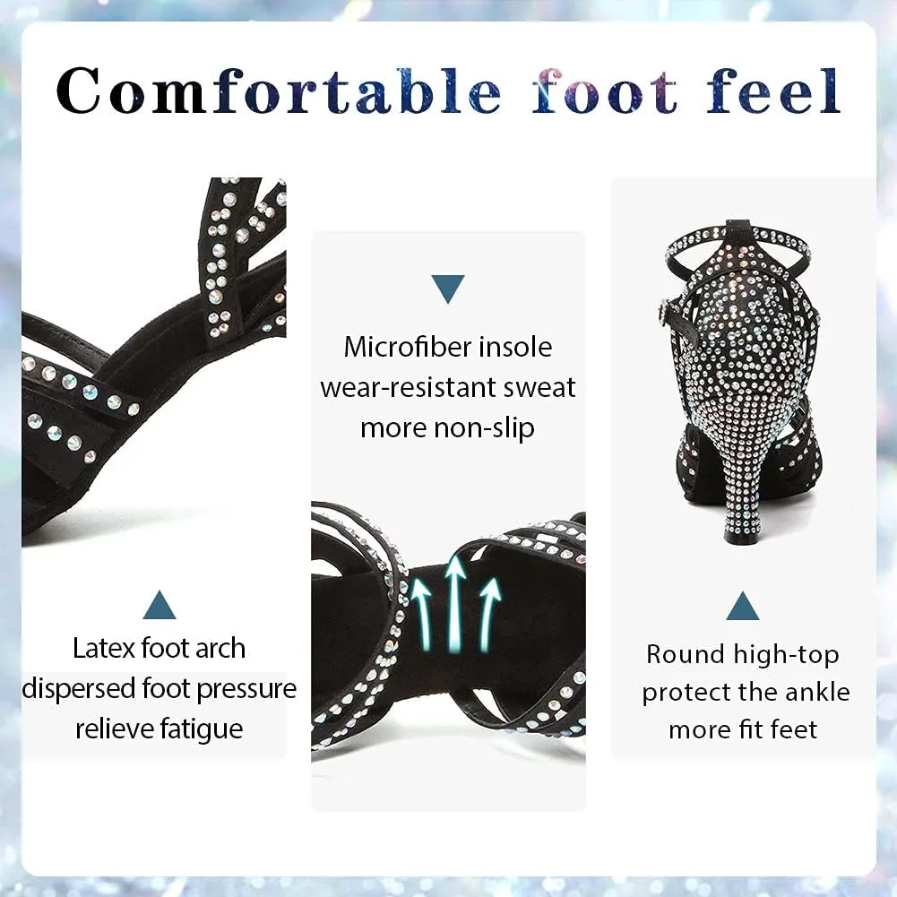 Women's Rhinestones Latin Dance Shoes Satin Ballroom Salsa Bachata Performance Dance Heels