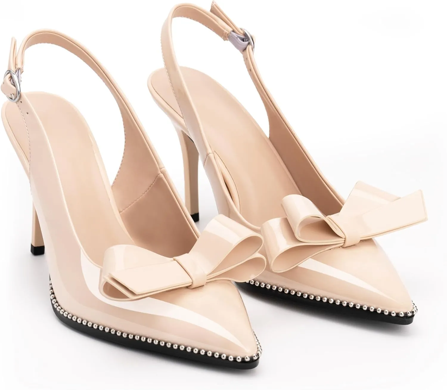 Women's Sexy Slingbacks Bow Stiletto Heels Closed Pointed Toe Pumps Bead Buckle Strap High Heels Dress Shoes