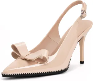 Women's Sexy Slingbacks Bow Stiletto Heels Closed Pointed Toe Pumps Bead Buckle Strap High Heels Dress Shoes