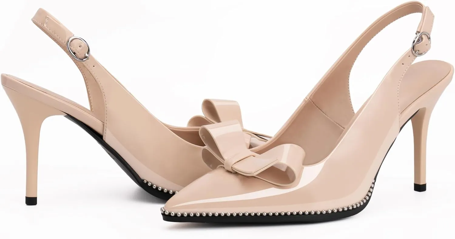 Women's Sexy Slingbacks Bow Stiletto Heels Closed Pointed Toe Pumps Bead Buckle Strap High Heels Dress Shoes
