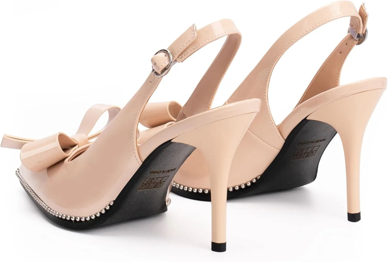 Women's Sexy Slingbacks Bow Stiletto Heels Closed Pointed Toe Pumps Bead Buckle Strap High Heels Dress Shoes