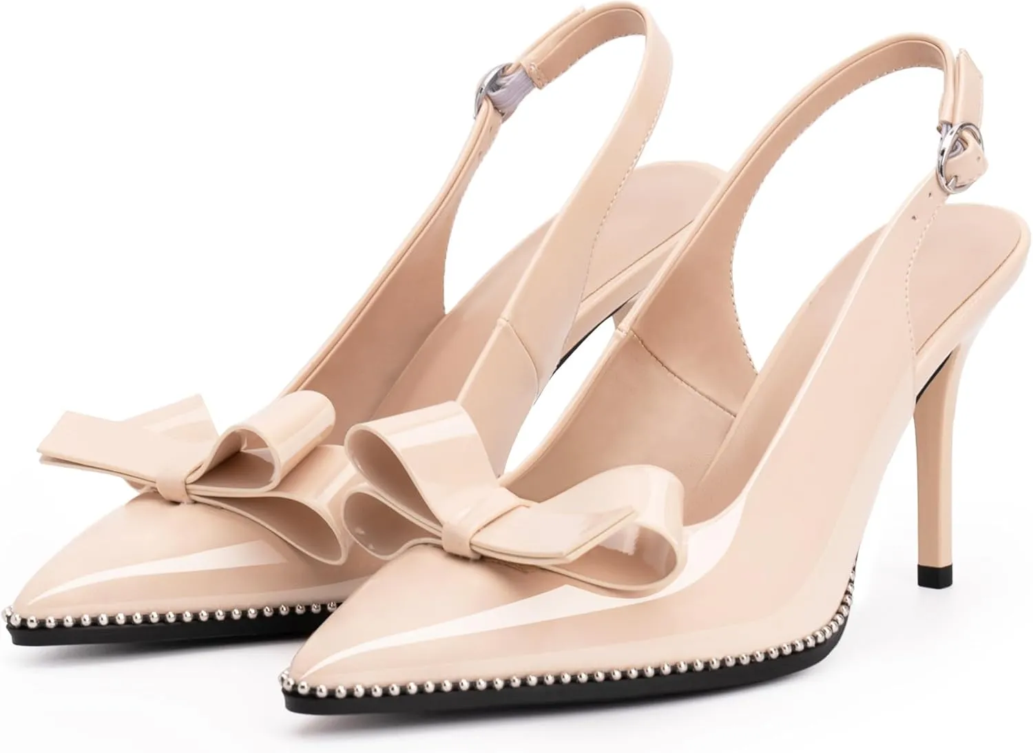 Women's Sexy Slingbacks Bow Stiletto Heels Closed Pointed Toe Pumps Bead Buckle Strap High Heels Dress Shoes