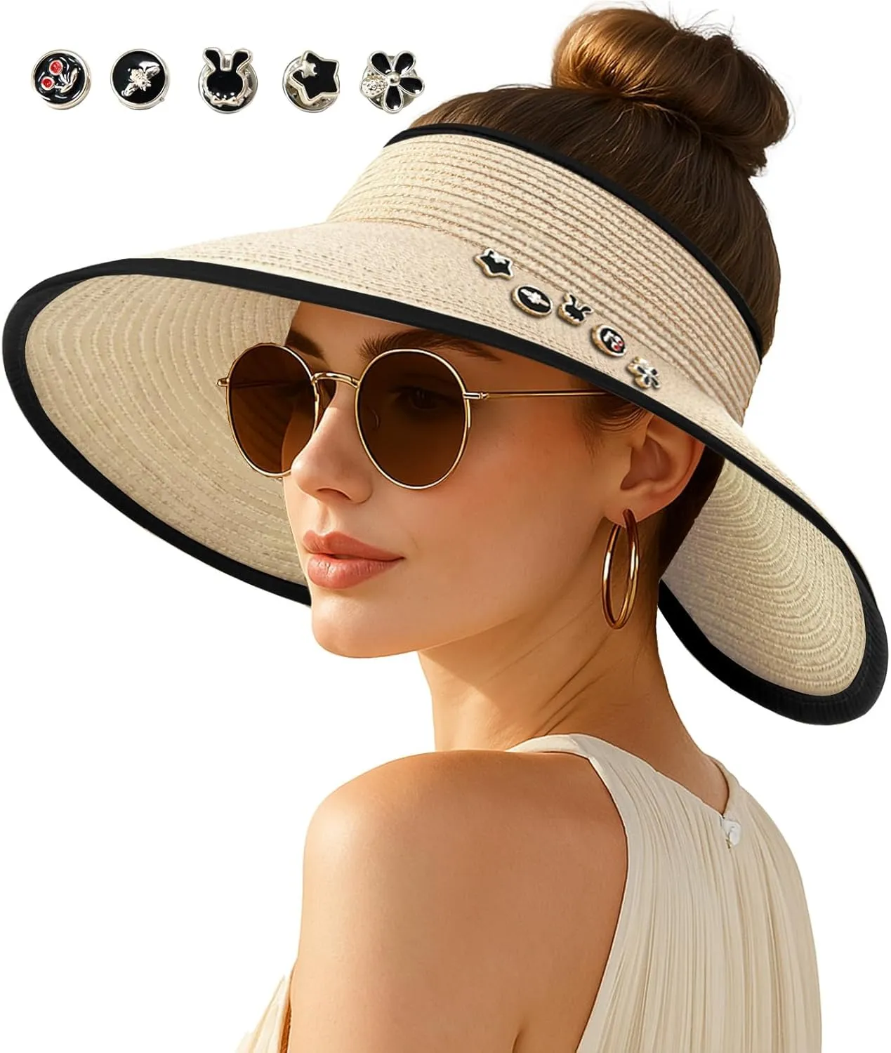 Women's Sun Visor Hats Wide Brim Straw Beach Hat Ponytail Hats for Women Foldable Floppy