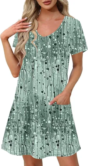 Women's Vintage Printed Dress Trendy Multi Color Midi Skirts Comfy Short Sleeve V Neck Dresses Daily Vacation Wear