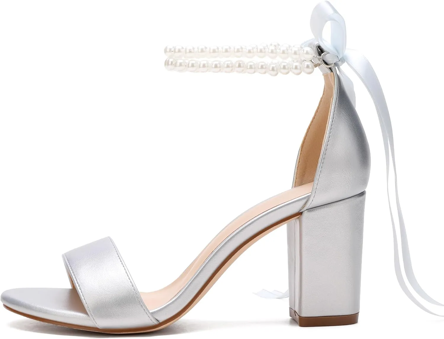 Women's Wedding Block Heels for Bride Women Pearls Chunky Heeled Pumps Open Toe Bridal Shoes Sandals